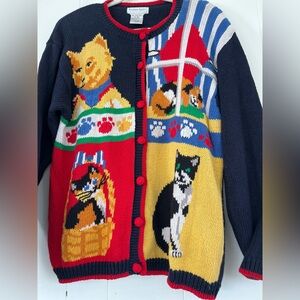 VINTAGE Alexandra Bartlett Cat Sweater Multicolor Cardigan Women's XL